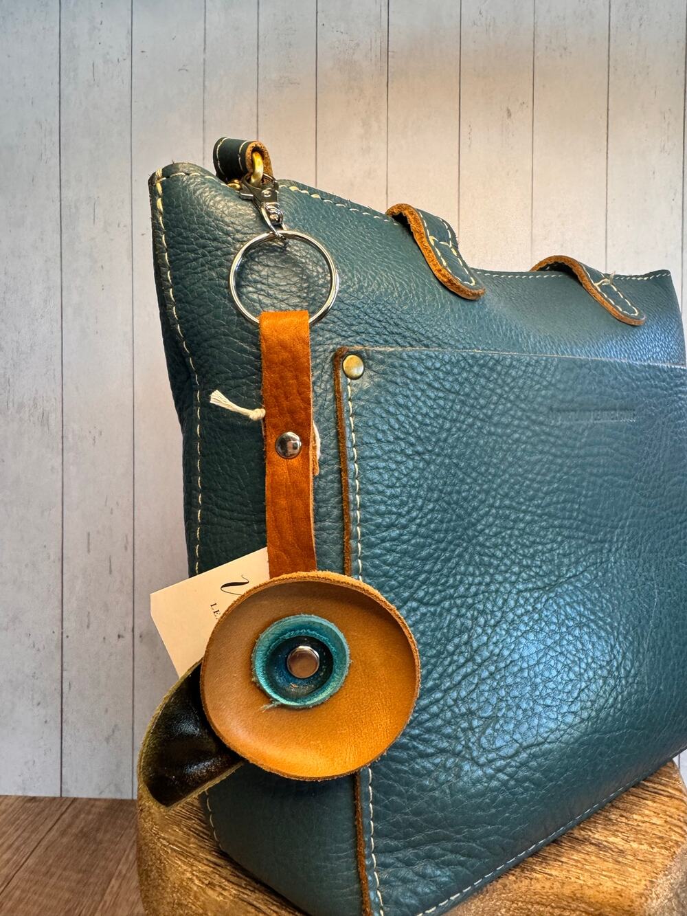 Genuine Leather Purse Charm Brown Light Blue Blue Keychain Bag Charm Accessory